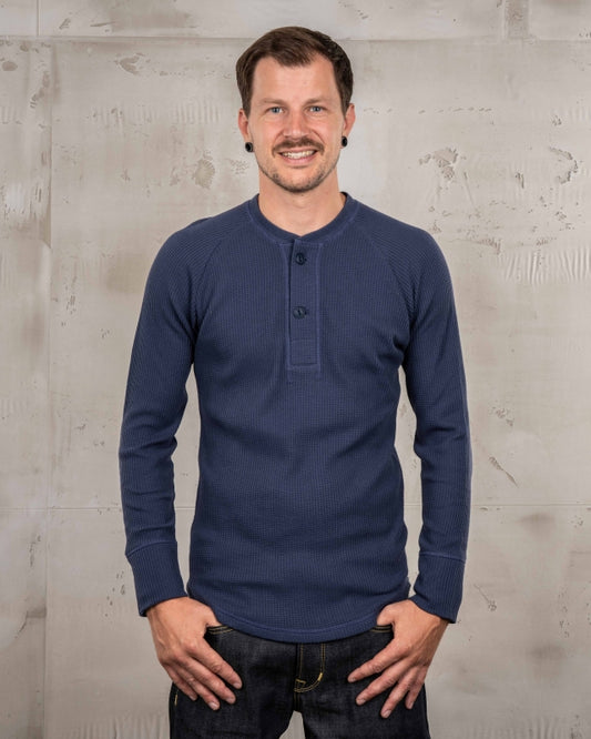 Pike Brothers 1936 Waffle Shirt Shadow Blue Herren Henley Baumwolle Vintage Stil