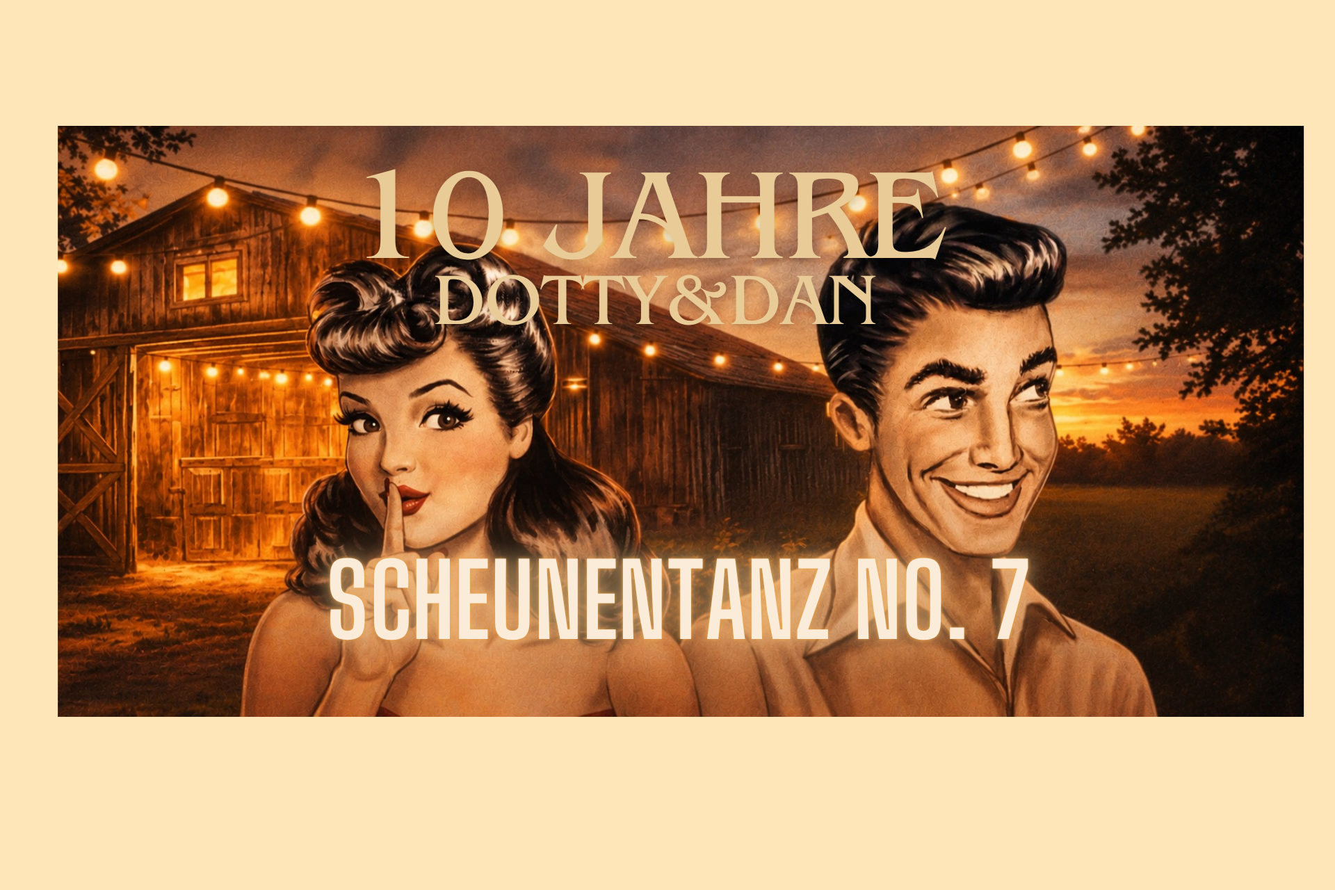 Illustration zum 7. Scheunentanz 2026 anlässlich 10 Jahre Dotty & Dan in Werneuchen mit Vintage-Paar vor einer beleuchteten Scheune.