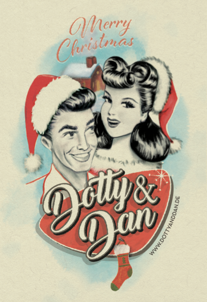 Vintage-Weihnachtspostkarte von Dotty&Dan mit Frau Dotty und Herrn Dan im 1950er-Jahre-Stil und Merry-Christmas-Schriftzug