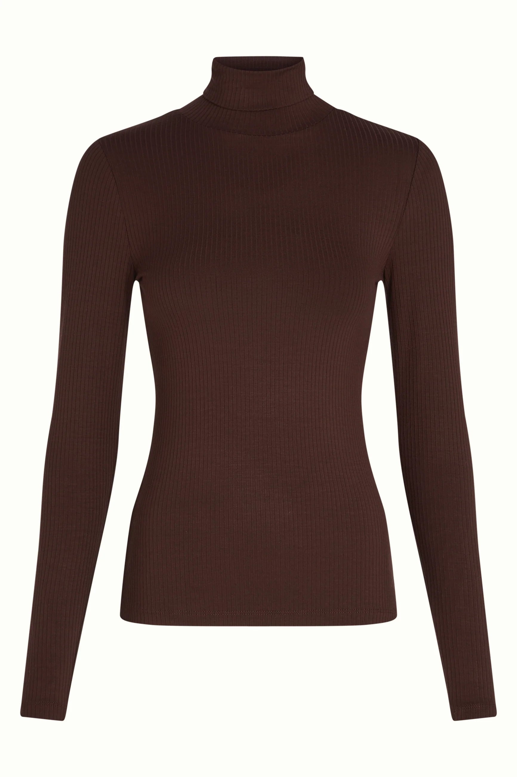 King Louie Rollneck Top Uni Rib Chocolate – braunes Damen Langarmshirt mit Rollkragen und feiner Rippstruktur