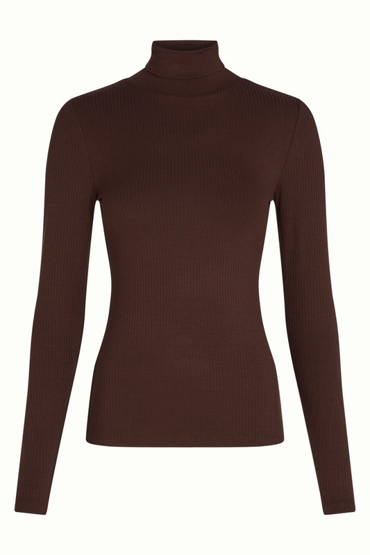 King Louie Rollneck Top Uni Rib Chocolate – braunes Damen Langarmshirt mit Rollkragen und feiner Rippstruktur