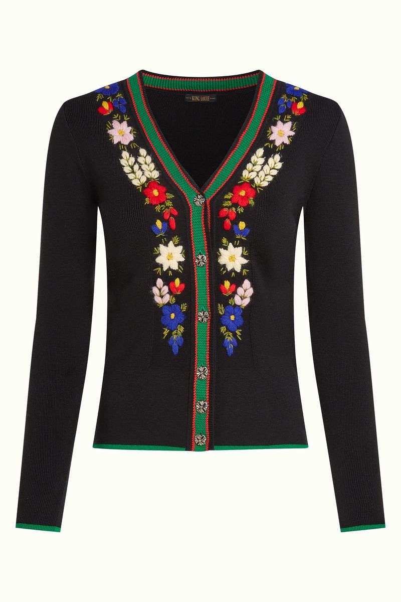 King Louie Cardigan schwarz mit bunter Blumenstickerei Damenmode
