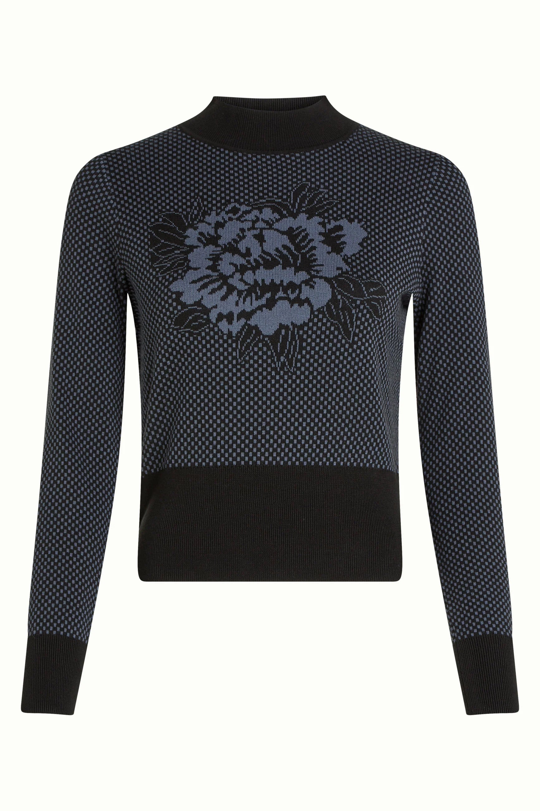 King Louie Nilde Top Schwarz Blau Flower Damenmode Strick Bio Baumwolle