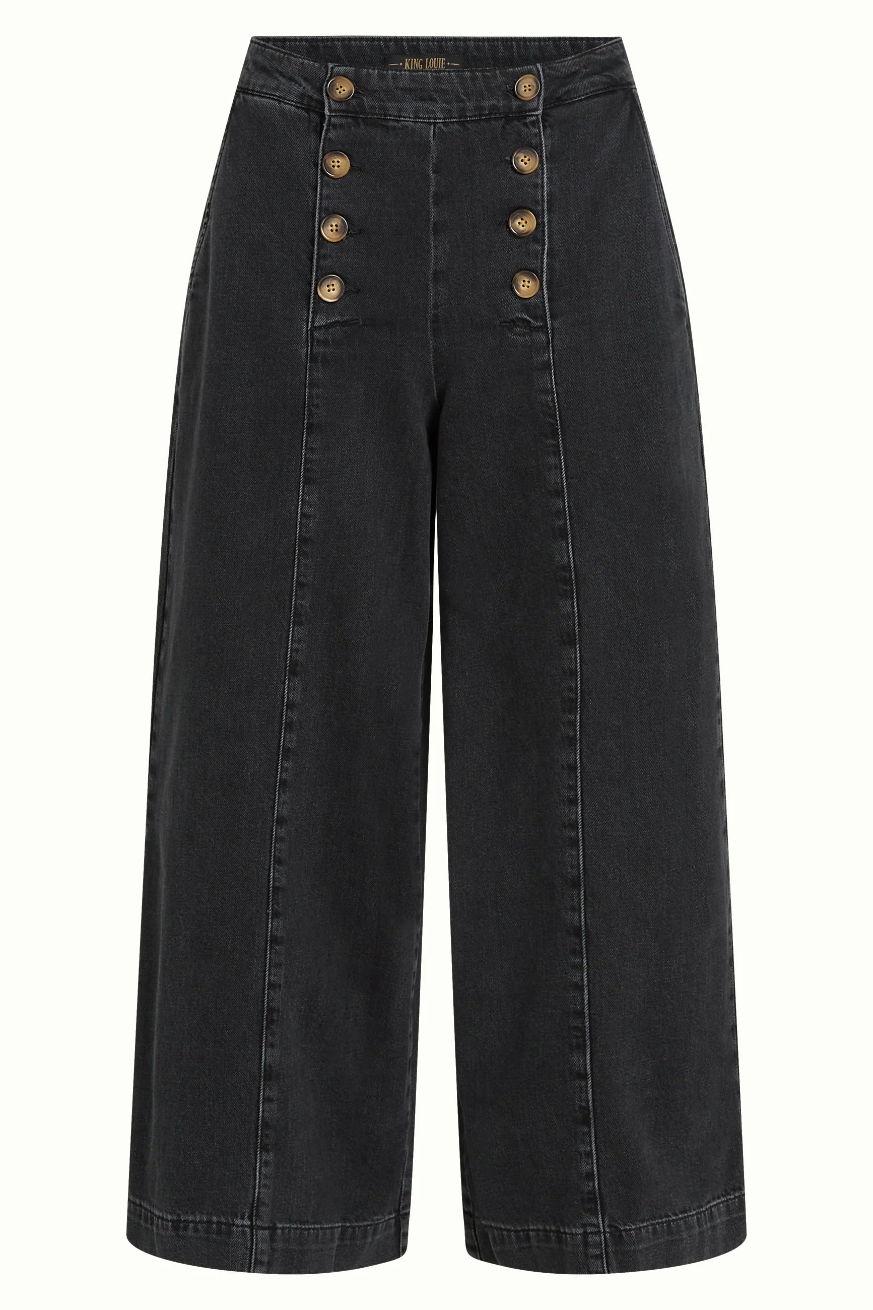 King Louie Melody Sailor Pants Rock Denim Black – schwarze Sailor Hose mit weitem Bein und doppelreihigen Knöpfen