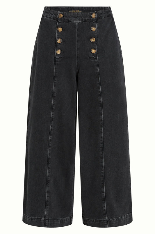 King Louie Melody Sailor Pants Rock Denim Black – schwarze Sailor Hose mit weitem Bein und doppelreihigen Knöpfen