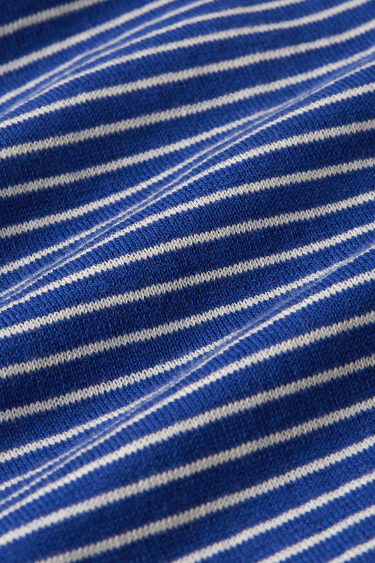 Detailaufnahme Strickstoff in Blau Weiß – feine Bio Baumwolle