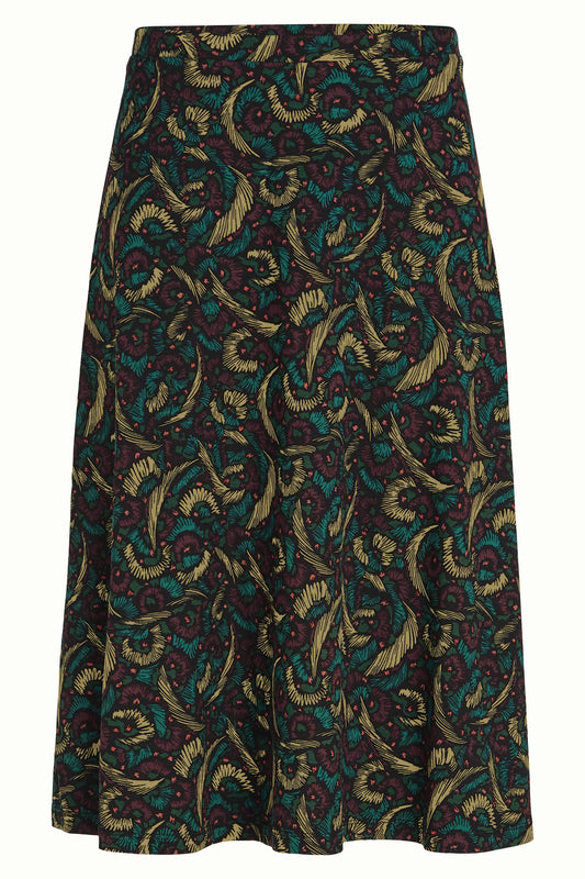 King Louie Juno Skirt Sage – ausgestellter Damenrock mit floralem Muster in Grün, Bordeaux und Beige