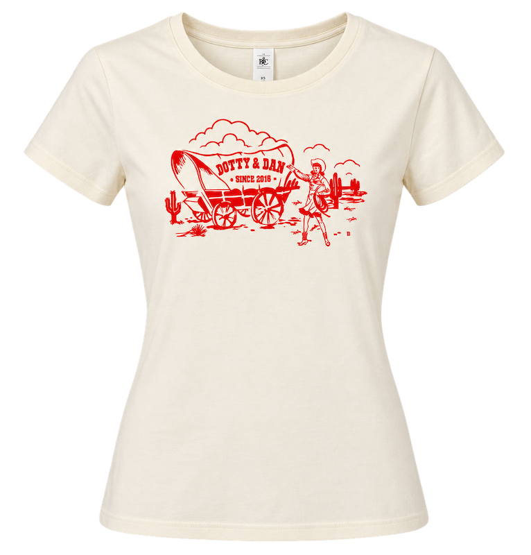 Limitiertes 10 Jahre Dotty&Dan Damen Jubiläums-Shirt in Creme mit rotem Western-Motiv, Planwagen und Cowgirl