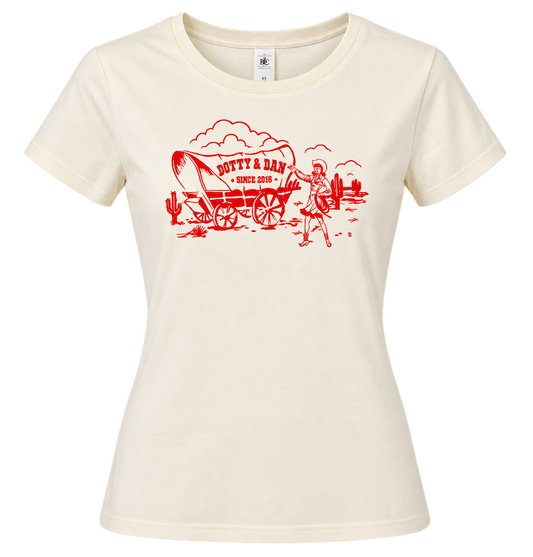 Limitiertes 10 Jahre Dotty&Dan Damen Jubiläums-Shirt in Creme mit rotem Western-Motiv, Planwagen und Cowgirl