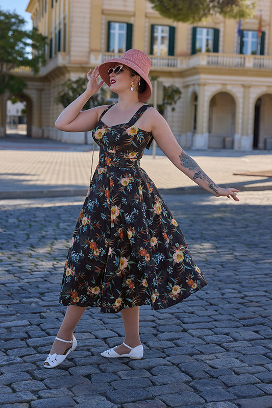 Florales 50er Jahre Kleid Damen schwarz mit Taschen