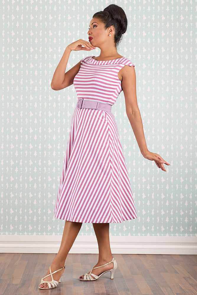 Rosa weiß gestreiftes Retro Kleid Damen mit Gürtel