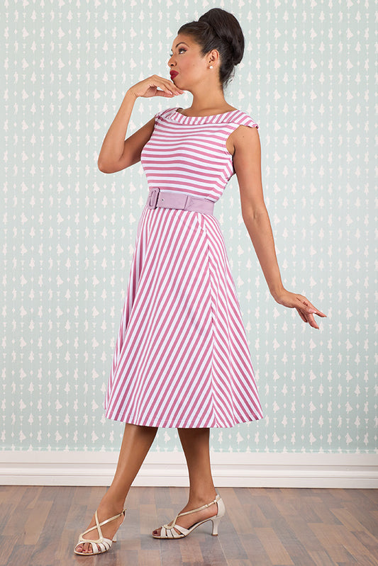 Rosa weiß gestreiftes Retro Kleid Damen mit Gürtel
