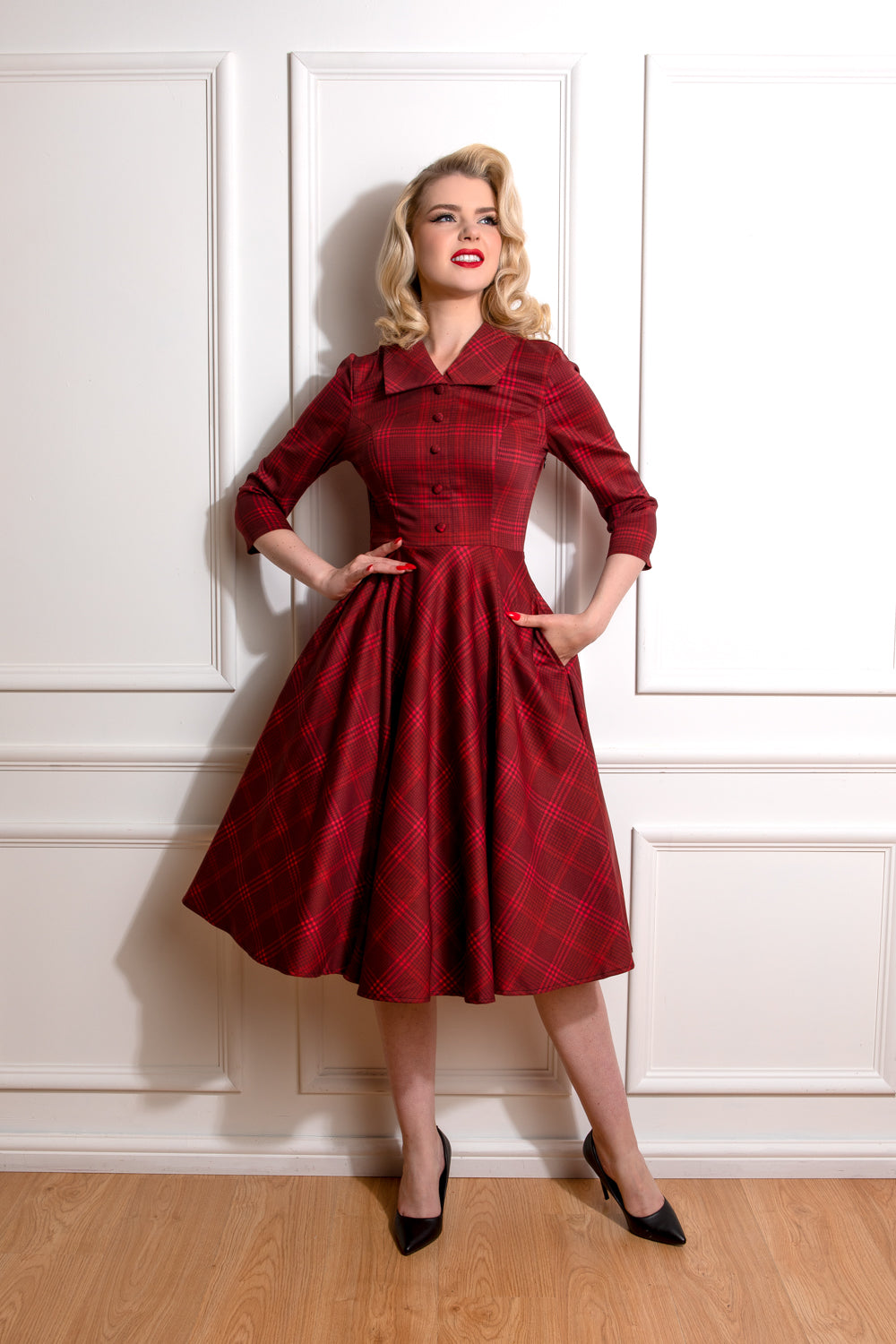 Vintage Tartan Winterkleid "Blake Check Swing Dress" - weinrot - Dotty&Dan