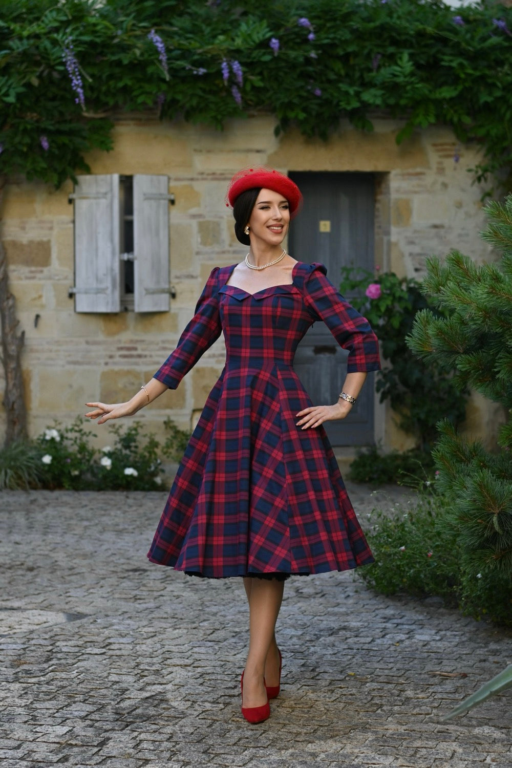 Vintage inspiriertes Kleid rot blau kariert Damenmode