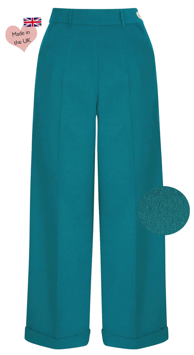 High Waist Wide Leg Hose Damen in Petrol im 40er Jahre Stil