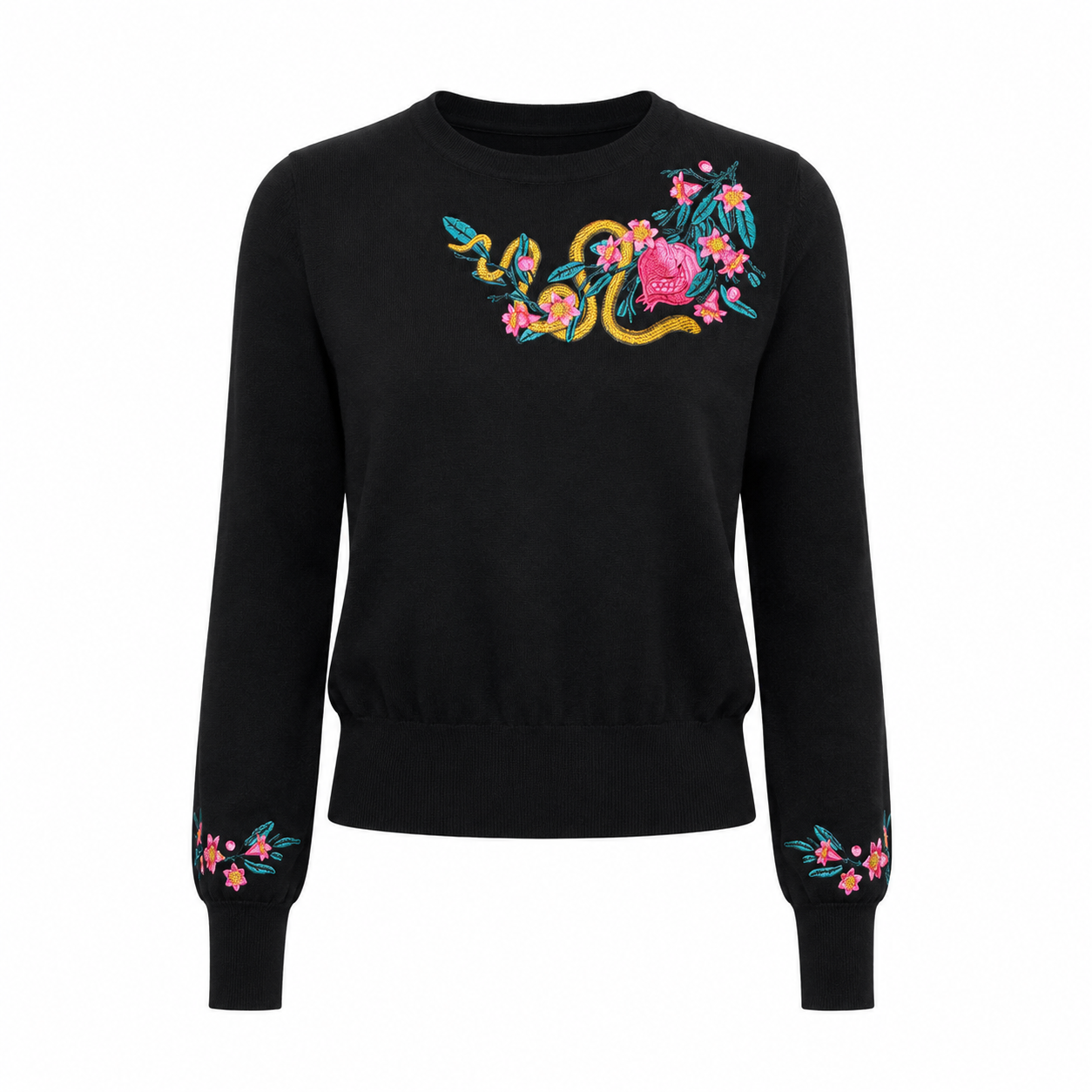 Schwarzer Succubus Damenpullover mit Ballonärmeln und bestickten Granatäpfeln