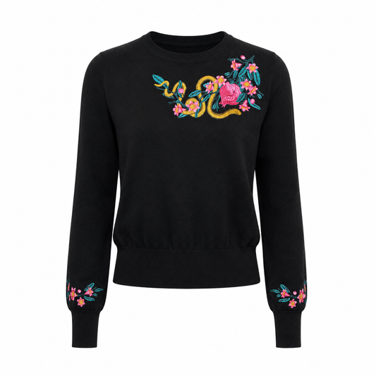 Schwarzer Succubus Damenpullover mit Ballonärmeln und bestickten Granatäpfeln