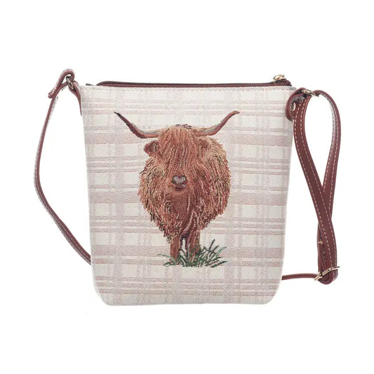 Highland Cow Crossbody Tasche – Gobelin Umhängetasche mit Hochlandrind-Motiv
