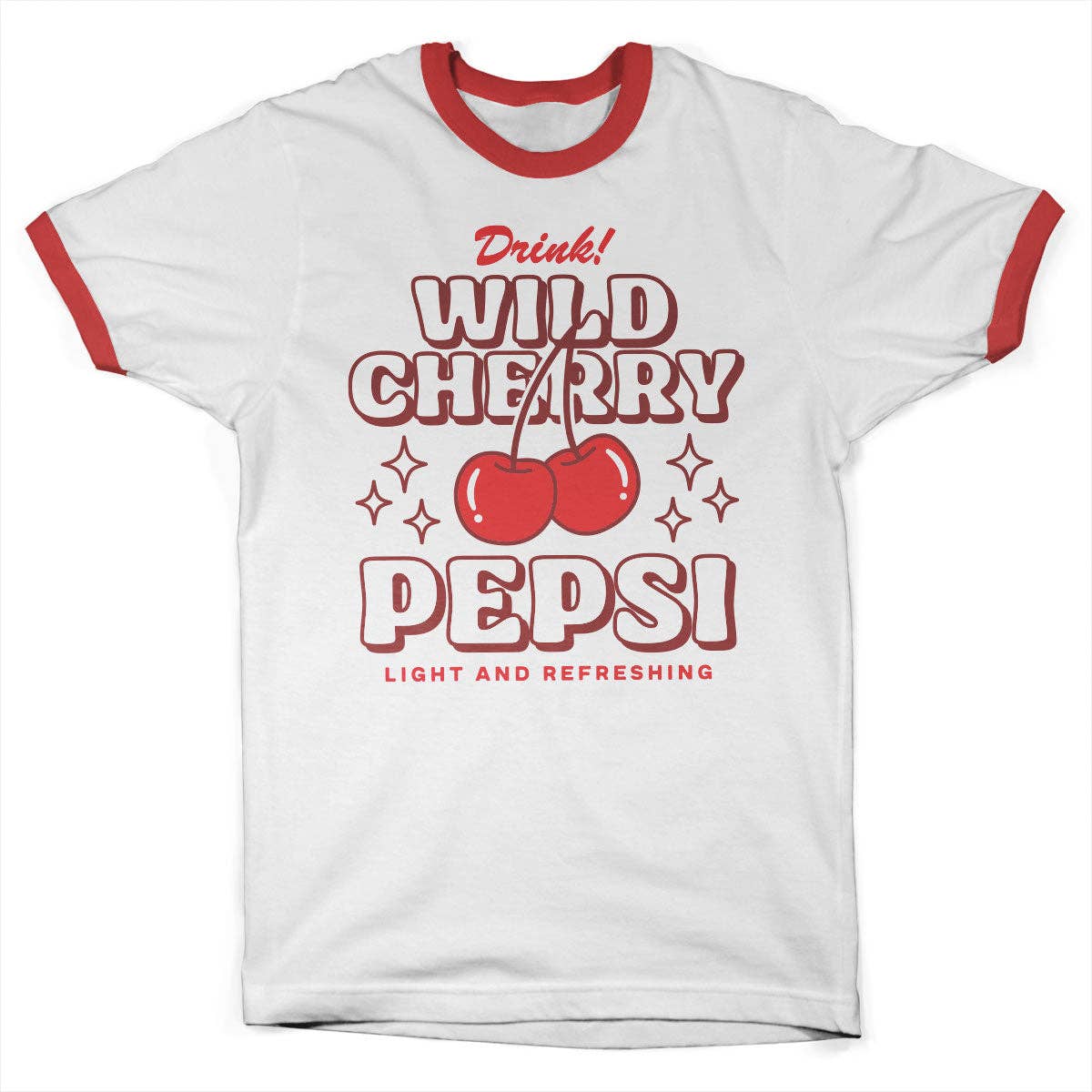 Pepsi Wild Cherry Ring T-Shirt mit rotem Kontrastkragen und Kirschmotiv