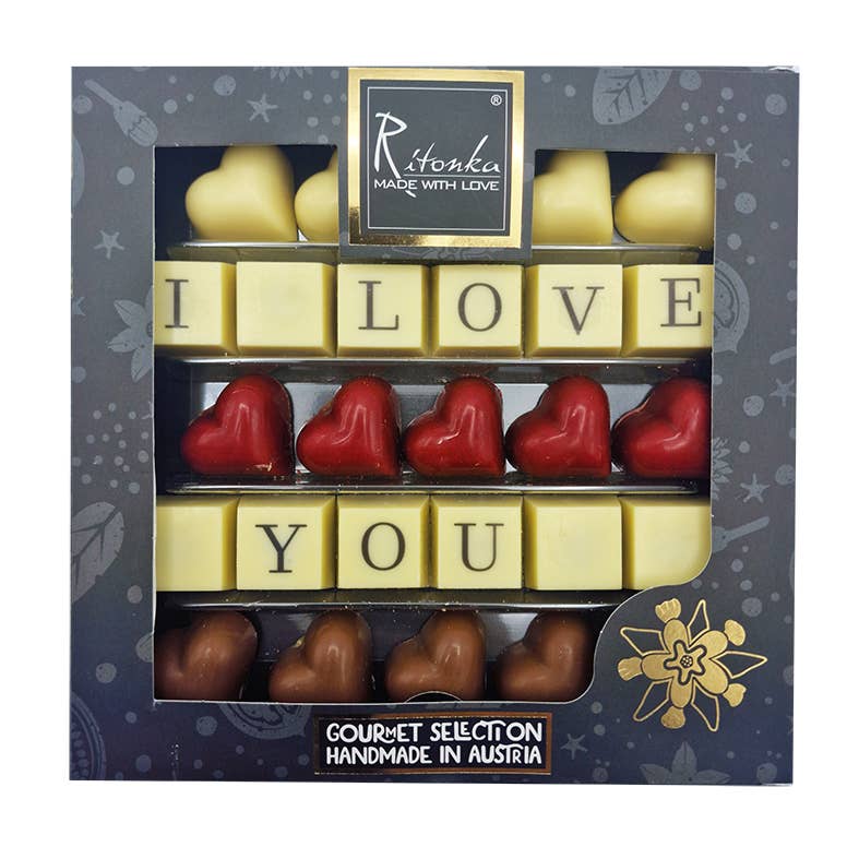 Schokoladen Geschenkbox I love you mit Herzpralinen von Ritonka