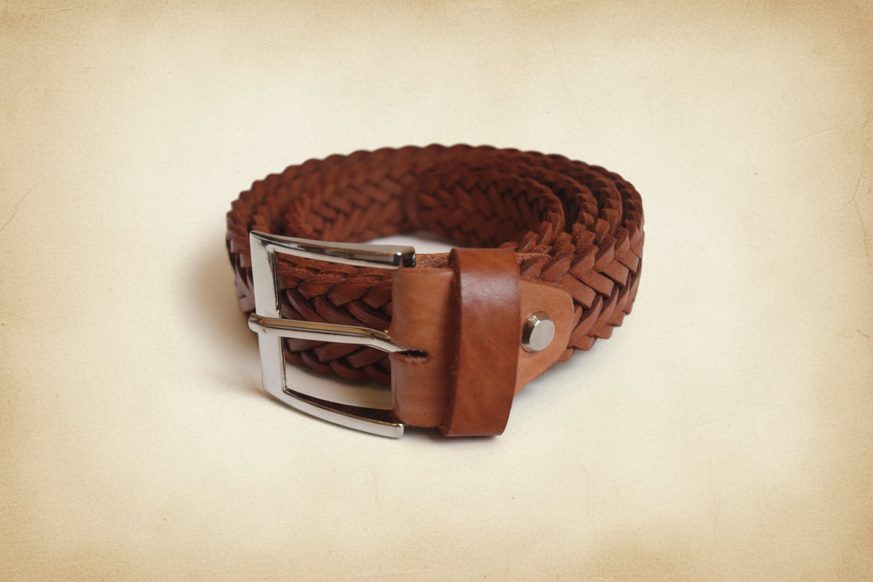 Vintage Ledergürtel geflochten mit robuster Metallschnalle
