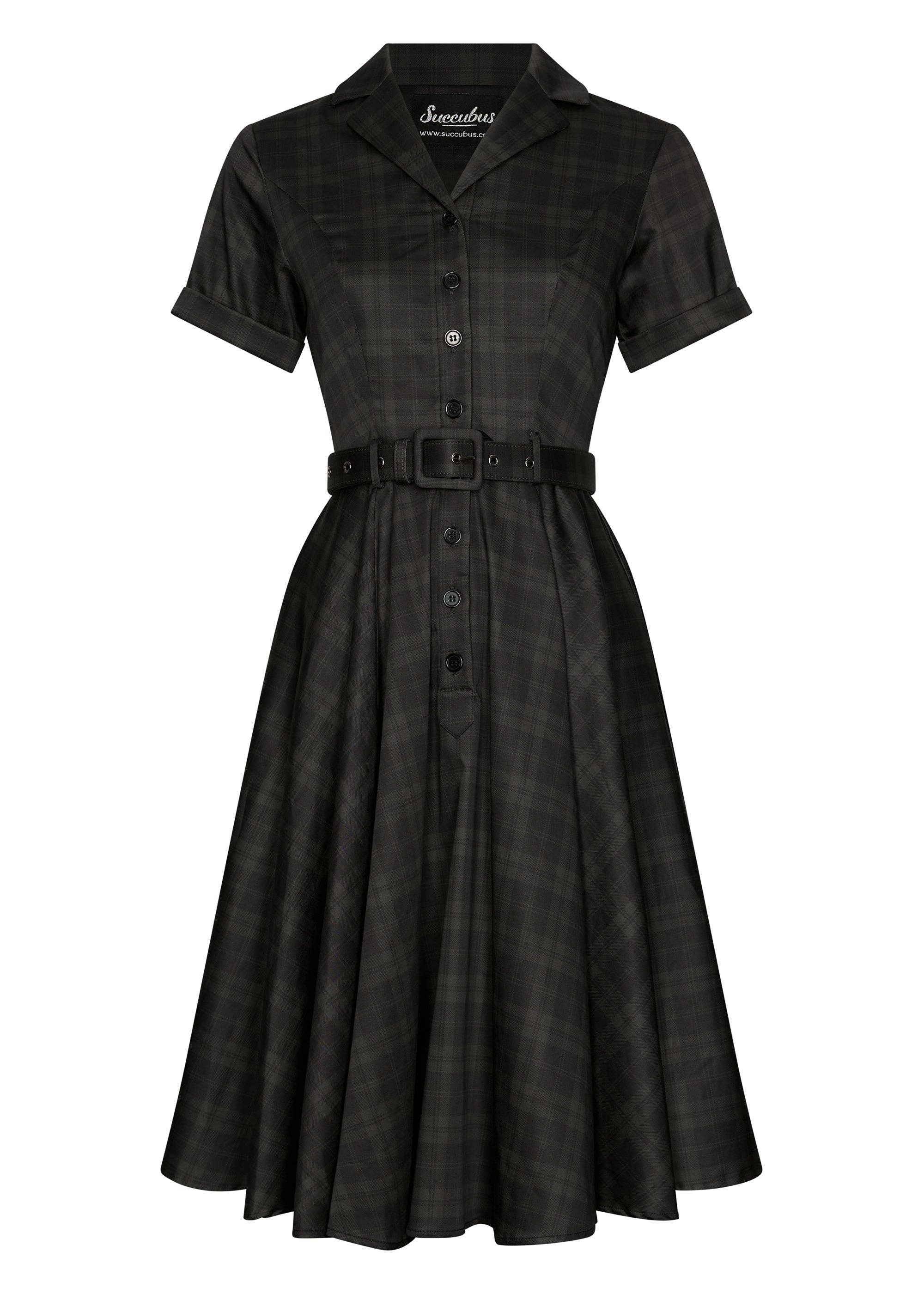 Schwarzes 50er Jahre Kleid Lucy Blackout Tartan mit Tellerrock und Gürtel