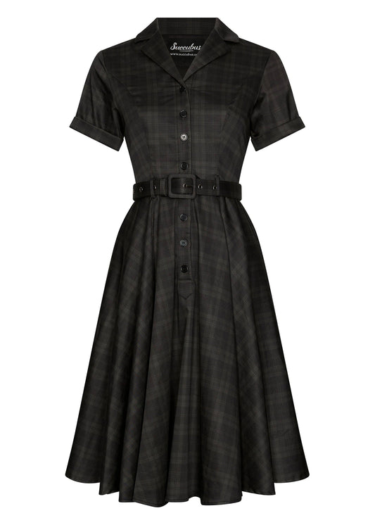 Schwarzes 50er Jahre Kleid Lucy Blackout Tartan mit Tellerrock und Gürtel