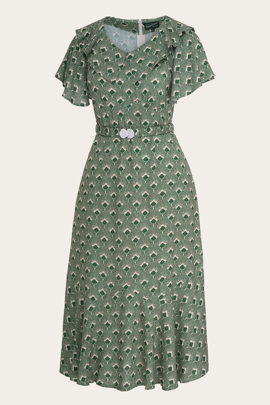 Grünes 30er Jahre Kleid mit Art Déco Fächer Muster und Taillengürtel