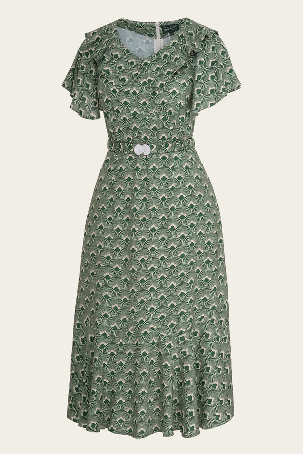 Grünes 30er Jahre Kleid mit Art Déco Fächer Muster und Taillengürtel