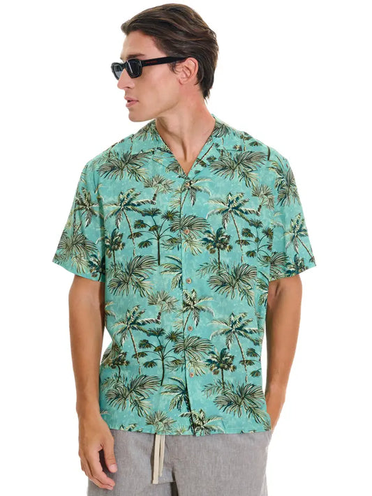 Herren Sommerhemd Palmenprint mineral blue Funky Buddha