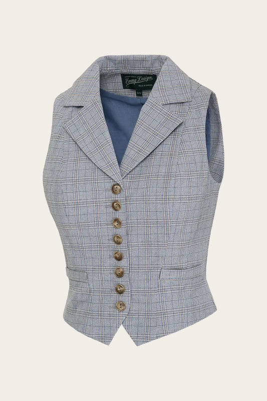 Edwardian-inspirierte Weste in Plaid Dusty Blue mit Knopfleiste