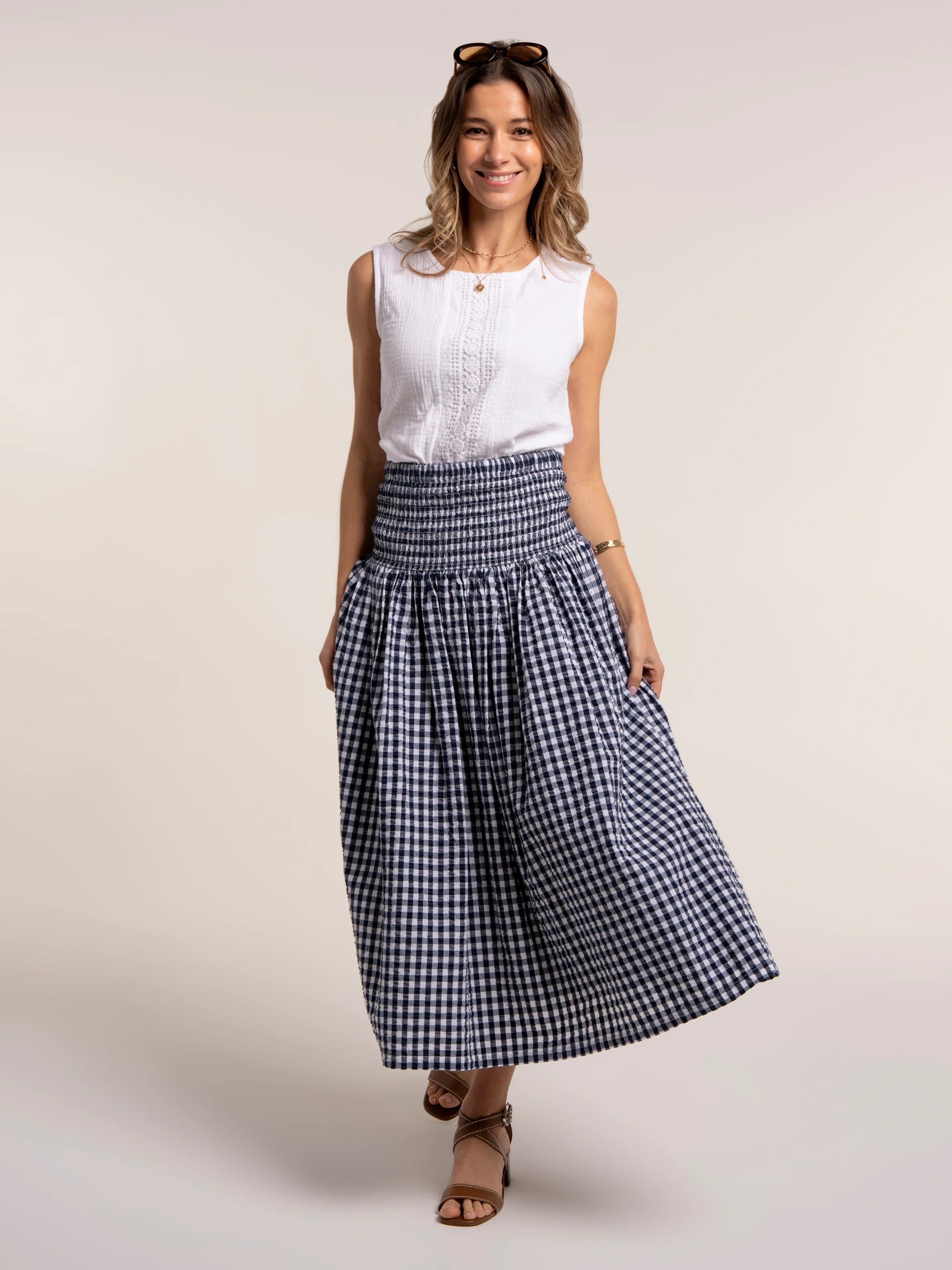 Gingham Maxi Rock in Navy Weiß – 2 in 1 Rock und Kleid