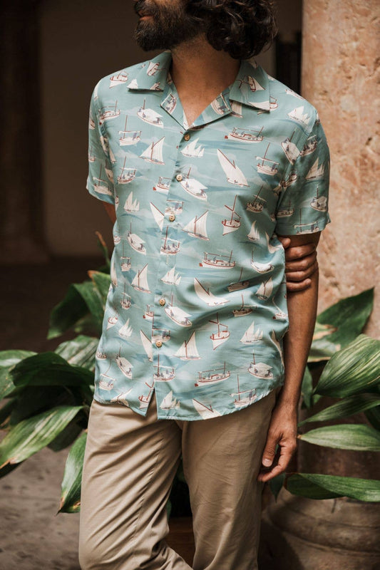 Vintage Aloha Hemd Herren Llaüt Motiv Blau Galoha