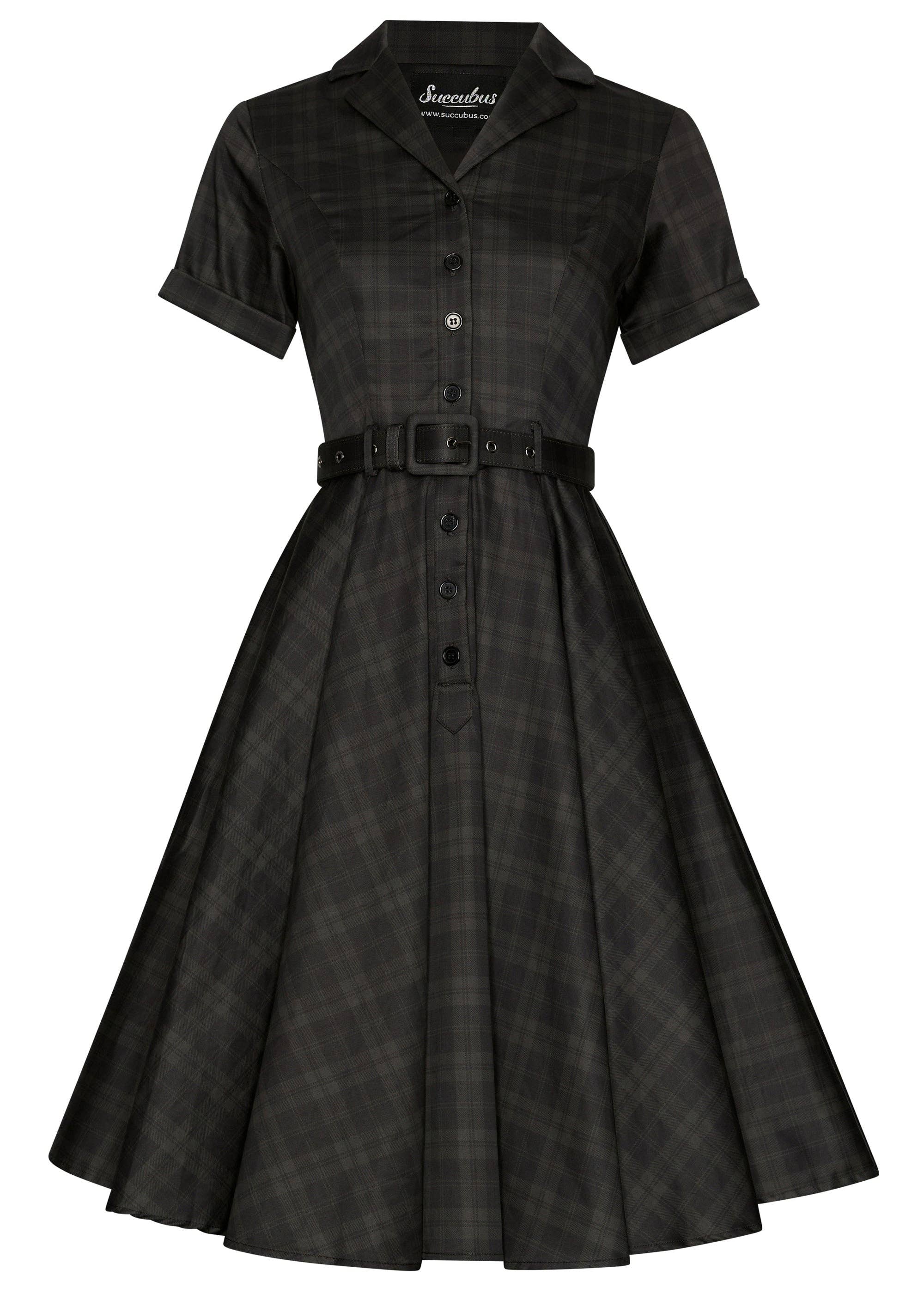 Schwarzes Retro Kleid Lucy mit Gürtel Knopfleiste und ausgestelltem Rock