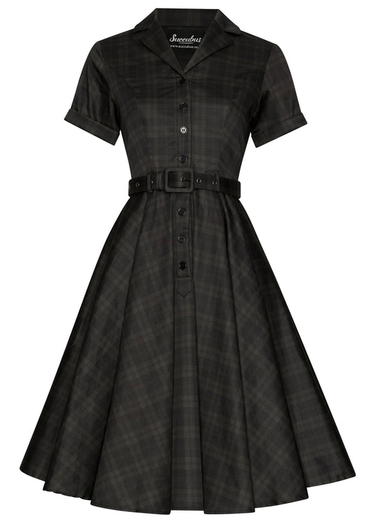 Schwarzes Retro Kleid Lucy mit Gürtel Knopfleiste und ausgestelltem Rock