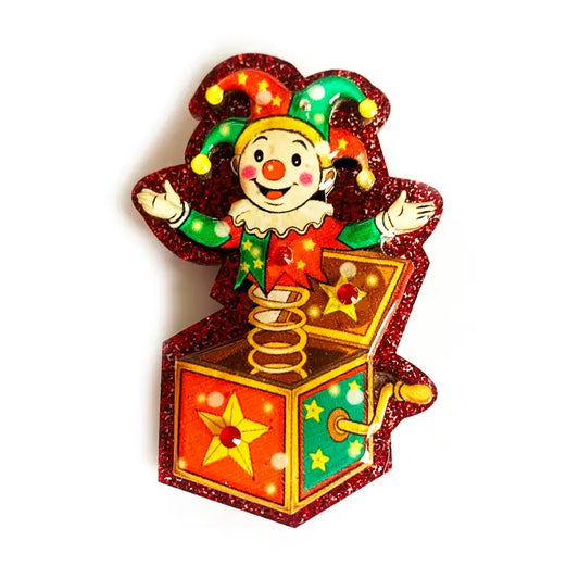 Festliche Retro-Brosche Spielzeugbox mit Clown