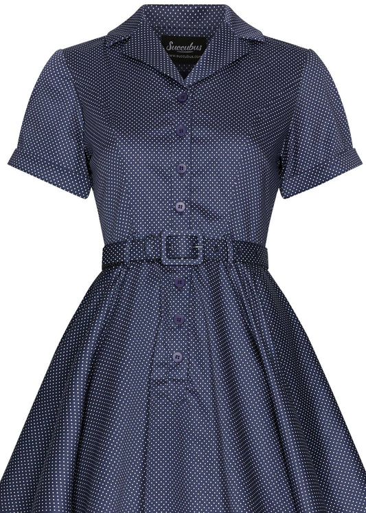 Vintage Kleid Damen Polka Dot blau mit Knopfleiste und Kragen
