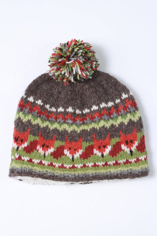 Fair Isle Wollmütze Damen mit Fuchsmuster und mehrfarbigem Bommel