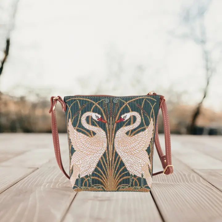 Art Nouveau Schwanentasche – Vintage Tapestry Schultertasche mit Schwanenmotiv vegan