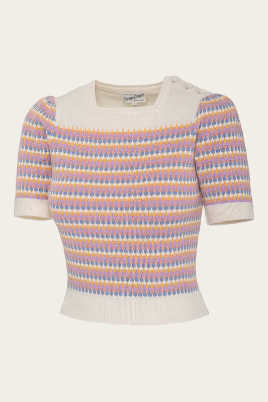 40er Jahre Stricktop in Ivory mit pastellfarbenem Muster