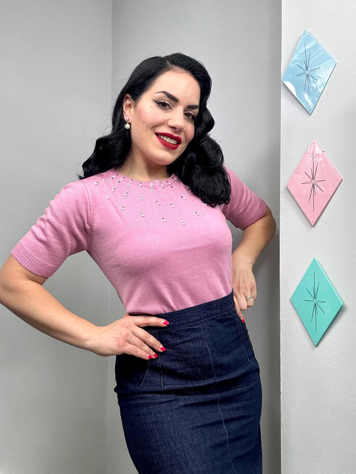 klassischer Vintage Pullover „Tallulah“ Diamonds and Pearls - pink - Dotty&Dan