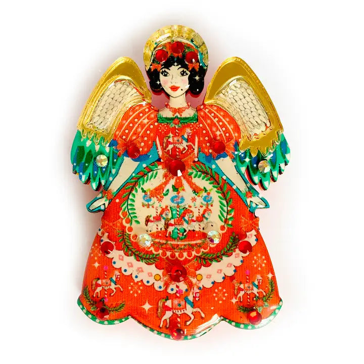 Handgefertigte Weihnachtsengel-Brosche aus Holz und Acryl