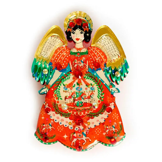 Handgefertigte Weihnachtsengel-Brosche aus Holz und Acryl