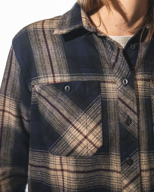 Pike Brothers Dale Shirt Blue Beige Check für Damen – Detailansicht des blau-beige karierten Flanellhemds mit Westernpassen, Brusttaschen und Knöpfen
