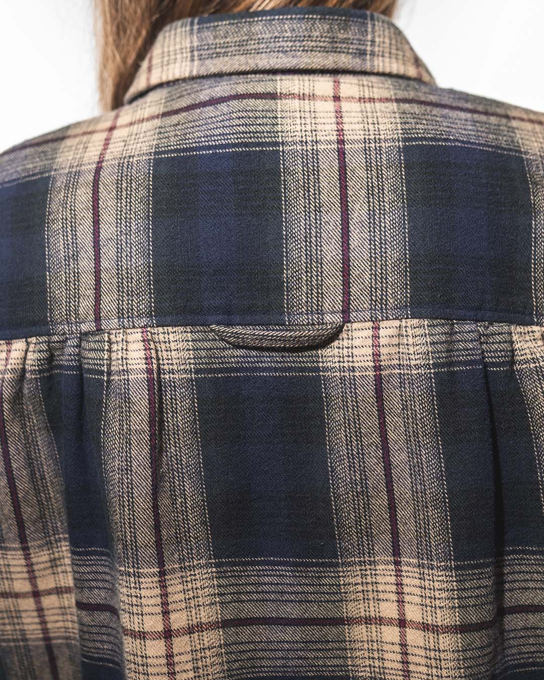 Ann Sheppard Dale Shirt von Pike Brothers – Rückenansicht mit klassischer Rückenpasse, Kellerfalte und blau-beigem Karomuster