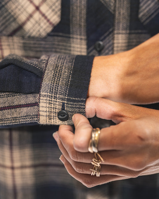 Pike Brothers Dale Shirt Damen – Detail der geknöpften Ärmelmanschette aus blau-beigem Baumwollflanell