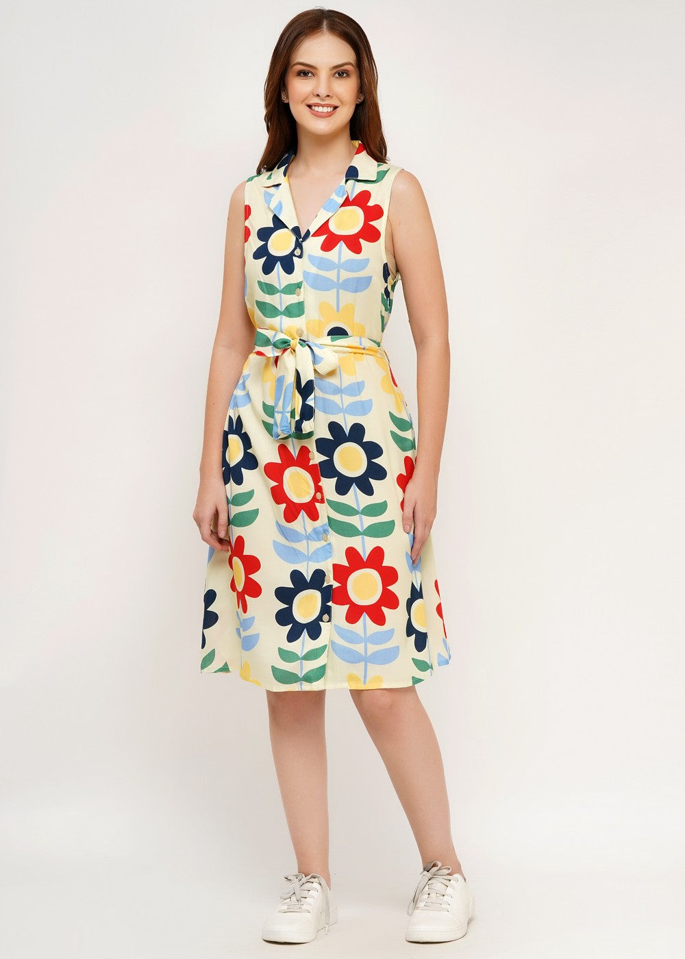 Vintage Sommerkleid Damen bunt Blumenprint mit Gürtel