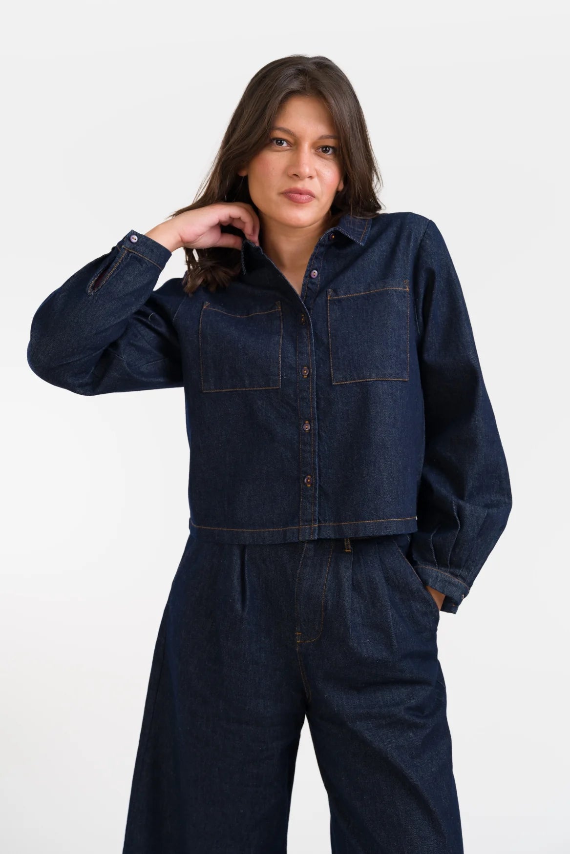 LaLamour Abby Overshirt Denim Dark Blue – Damen Jeans-Overshirt Vorderansicht