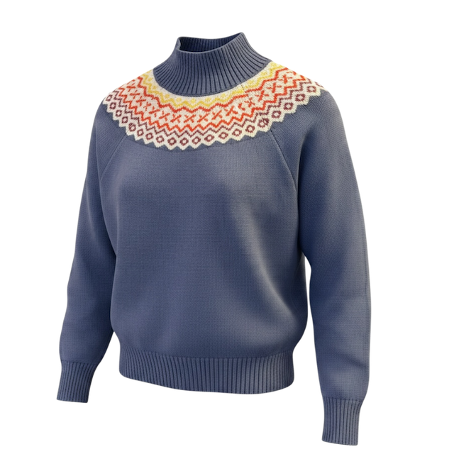 about betty Alana Glenbay dunkelblauer Damen-Strickpullover mit Fair-Isle-Muster in Creme, Rot und Gelb, Vorderansicht.