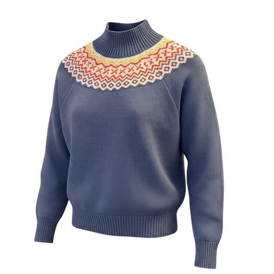 about betty Alana Glenbay dunkelblauer Damen-Strickpullover mit Fair-Isle-Muster in Creme, Rot und Gelb, Vorderansicht.